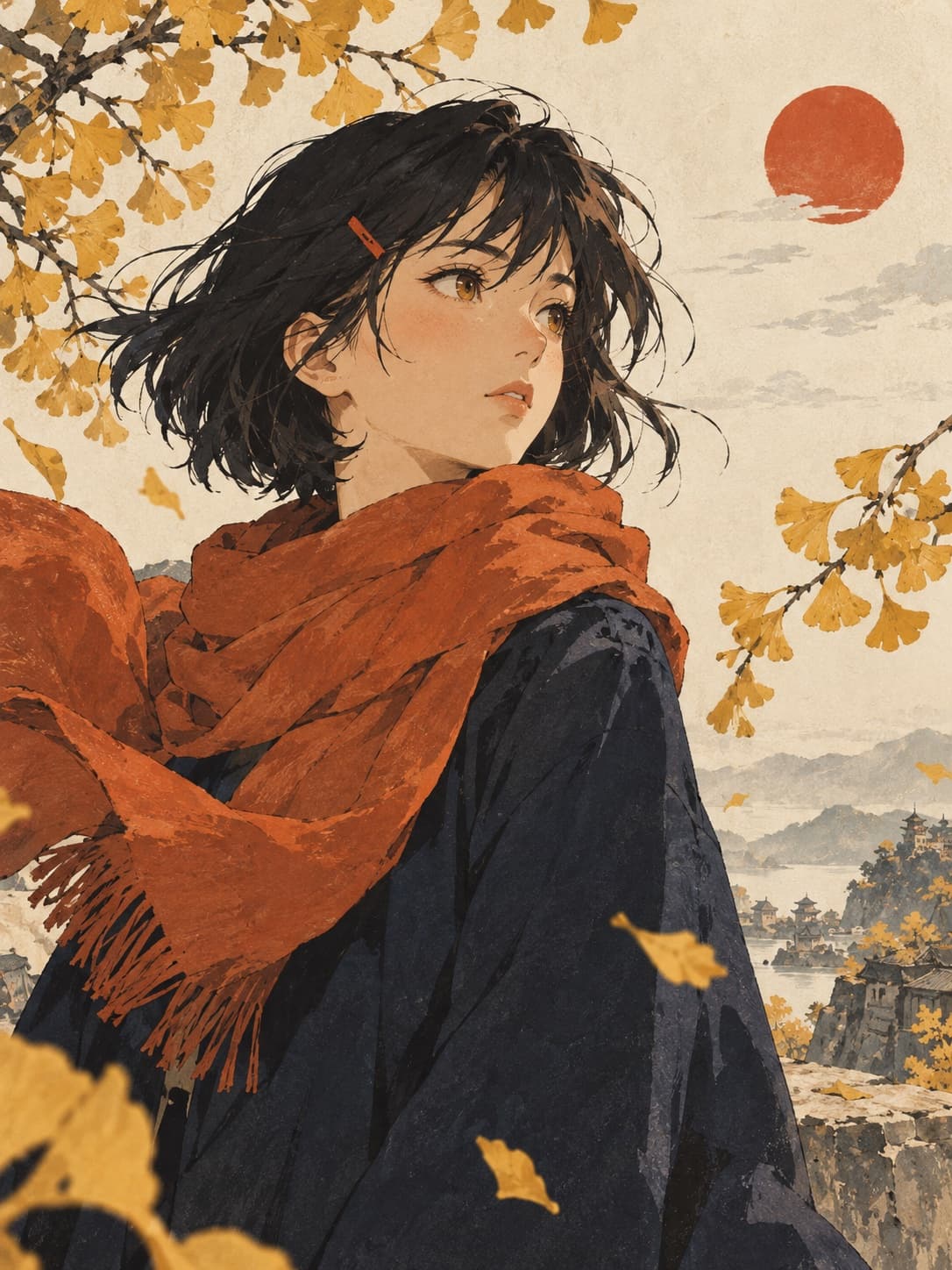 An anime character in an orange scarf beneath golden ginkgo leaves, illustrated with textured ink and gouache.