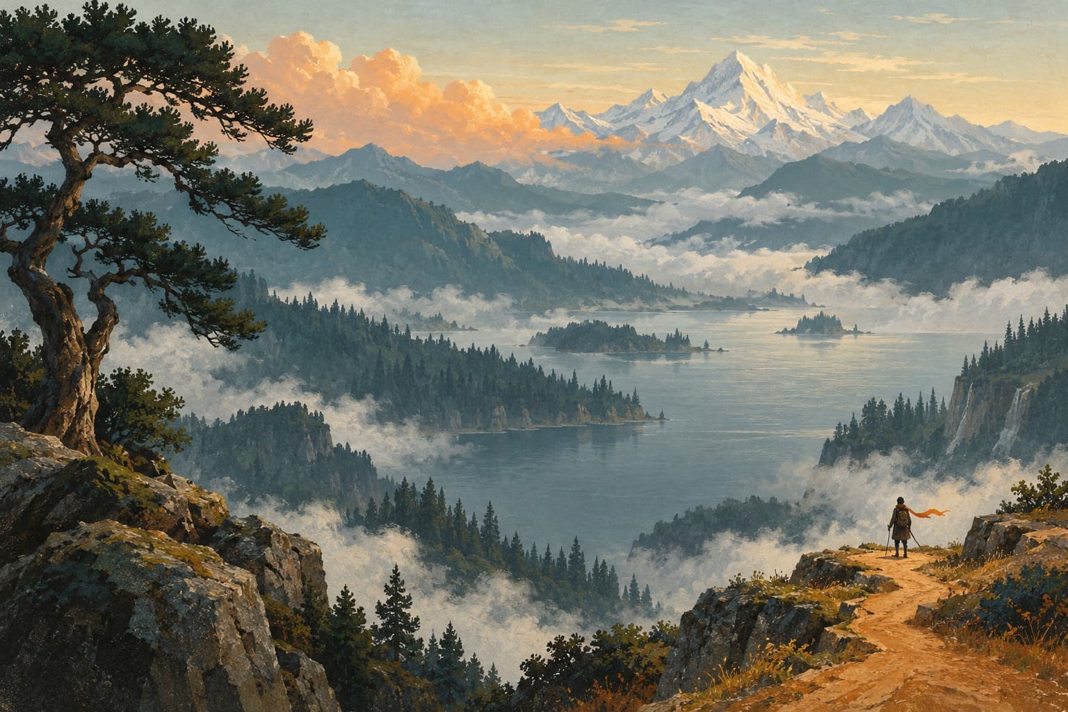 A lone traveler overlooking a misty blue mountain lake at dawn.